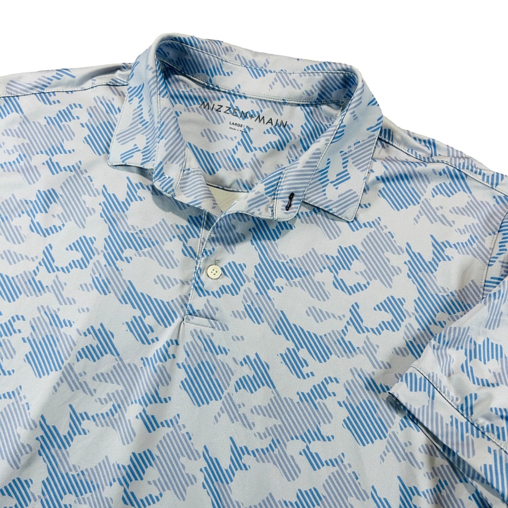 Mizzen+Main Polo Shirt Mens Large Blue White Trim Fit Abstract Camo Print